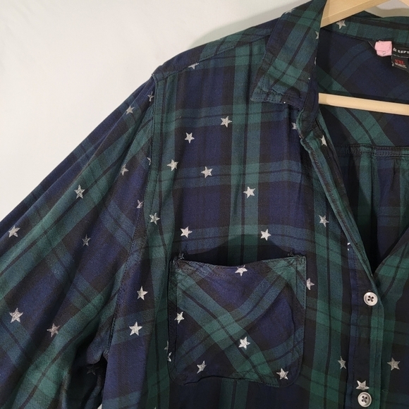 Rock & Republic Green Plaid Button Up Shirt XXL Long Sleeve Sparkle Star Print - Picture 4 of 11